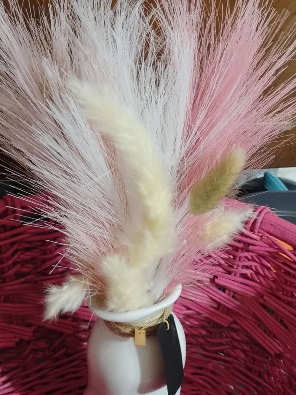 White Ceramic Vase with Pink and Gold Charm Accent